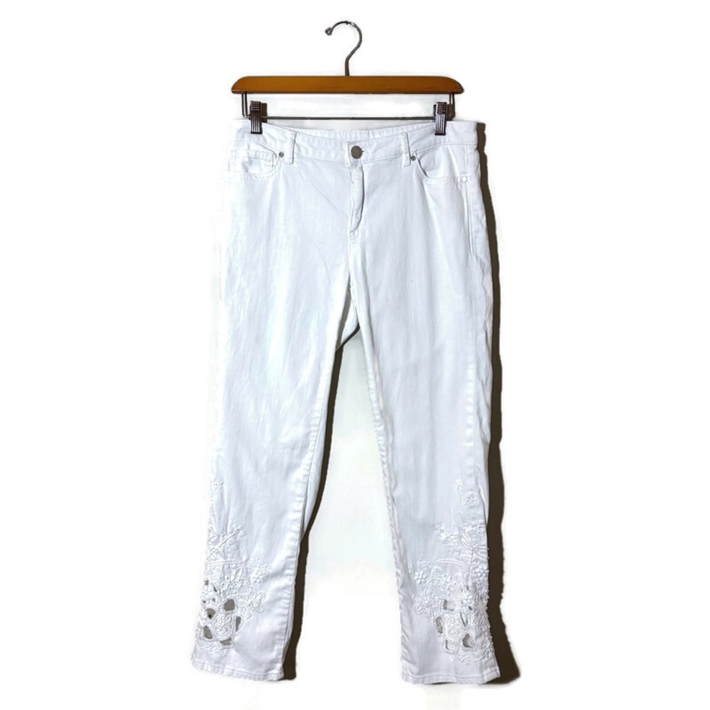 Elie Tahari White Embroidered and Beaded Jeans Size 27